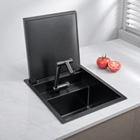 Évier de cuisine encastré à couvercle dissimulé, surface brossée carrée, style moderne minimaliste, pour hôtels, en acier inoxydable 304, cuve simple, pliable