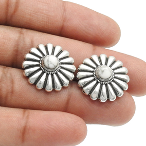 Minimalist <b>Flower</b> Design White Turquoise Round Bezel Set 925 Sterling Silver Precious Gemstone Stud Earring Jewelry for Women - Product Image 4
