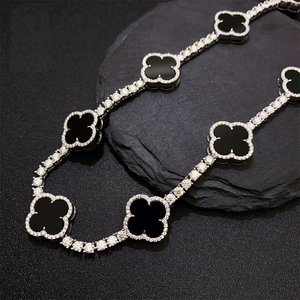 Collar de cadena de tenis de moissanita con diseño de trébol y flor negra, estilo hip hop, con incrustaciones de circonitas, de lujo, llamativo, para hombre, de diseñador - Product Image 2