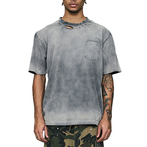 2025 Top en línea al por mayor Acid Wash Distressed T-shirt Hombres Faded Effect Manga corta Cuello redondo Recortada Boxy T Shirt Hombres - Product Image 1