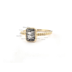 Anillo de compromiso de boda de oro amarillo de 14K al por mayor, piedras preciosas de cuarzo rutilo natural, forma de rectángulo sólido para aniversarios - Product Image 1