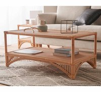 Table basse moderne en rotin naturel avec rangement double couche - Design rectangulaire en cannage tressé pour salon
