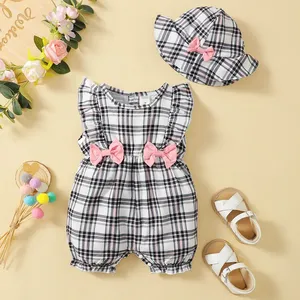 Ensemble barboteuse et chapeau d'été en polyester à motif écossais pour nouveau-né, 2 pièces, 0-18 mois, pour fille - Product Image 4