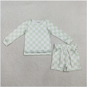 GLS0086 Conjunto de Pantalones Cortos y Camisa de Manga Larga a Cuadros Verde Claro para Niñas - Product Image 4