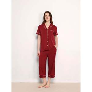 Conjunto de Pijama Capri de Manga Corta Casual de Verano para Mujer, Conjunto de Pijamas de Tela de Bambú al por Mayor para Mujer, Ropa de Dormir para Mujer - Product Image 3