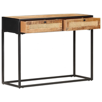 Furnitur Ruang Tamu Desain Modern Finishing Hitam Alami Meja Konsol Lipat Dua Laci Rotan Kayu Mangga Solid Kasar Hotel