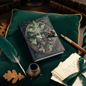 New Era Vintage A5 Premium <b>Notebooks</b> Green Man Print Leather <b>Hardcover</b> Journal Sketchbook Handmade Deckle Paper Latch Gift - Product Image 2