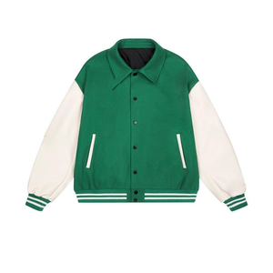 OEM Wholesale Supplier Green <b>Wool</b> Blend Varsity Jacket With White Leather Sleeves Baseball Bomber <b>Coat</b> Ribbed Hem <b>Men's</b> Jackets - Product Image 6