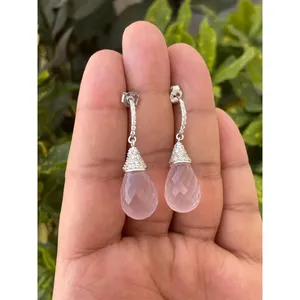 Boucles d'oreilles pendantes en argent 925 avec quartz rose, bijoux tendance pour femmes - Product Image 2