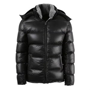 Chaqueta de invierno para hombre, abrigo acolchado con capucha, logotipo OEM, acolchado brillante, informal, estilo pesado, cremallera, negro, aspecto de burbuja de gran tamaño - Product Image 4