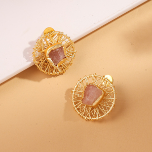 KKATHA Handcrafted Gold Plated Alloy Wire Weave Ethnic Moon Shape Stud <b>Earrings</b> Natural <b>Opal</b> Stone Women's Party Made in India - Product Image 1