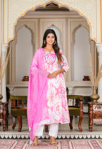 Elegan-Ensemble Anakali brodé de fleurs roses pour femmes, pantalon Kurta long et élégant Dupatta pour fêtes décontractées et occasions spéciales - Product Image 4