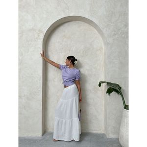 Blusa de Algodón y Poliéster a Cuadros Lila para Mujer, Marca Topshow, con Cintura Fruncida, Elegante y Cómoda para Uso Diario - Product Image 3