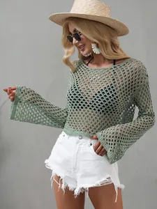 XGY गर्मियों में महिलाओं के स्वेटर टी शर्ट भड़क आस्तीन ढीली दौर गर्दन खोखले बाहर स्वेटर महिलाओं के लिए