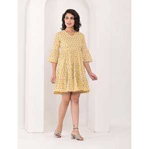 Vestido Casual de Algodón con Diseño Personalizado, Estampado en Bloques Amarillos, Largo hasta la Rodilla, Cintura Elástica, Transpirable, Tallas XS a 5XL para Uso Diario - Product Image 3