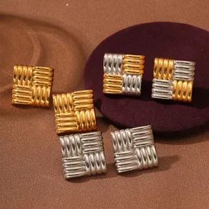 Vintage 18K Gold plattiert geometrische Viereck-Ständer-Ohrringe Jewelry Frauen Chunky Edelstahl Textur Statement-Ohrringe