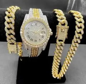 Beliebteste Diamant Set kubanische Kette Armband Set Sparkling Schmuck Set Männer Quarz Uhr Hip Hop