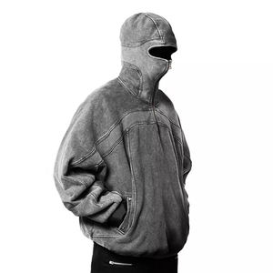 High Street Half Face Zip up Ninja Hoodie Vintage French Terry Blank Surdimensionné Pull Stone Acid Washed Mask Hoodies - Product Image 1
