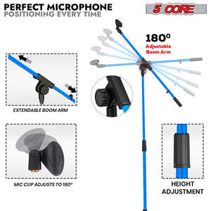 5 Core Mic Stand Floor Height Adjustable <b>Tripod</b> Microphone Stands w Extending Telescoping Boom Arm - Product Image 2