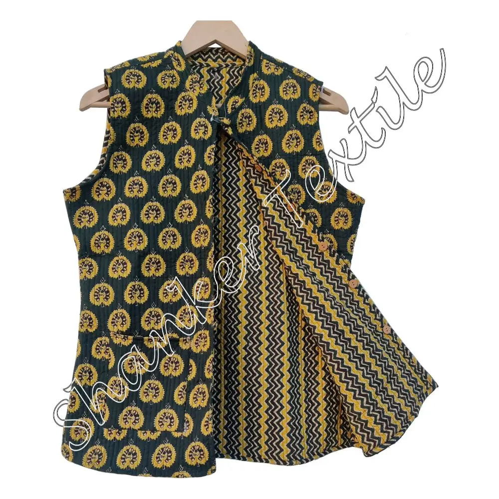 Best Quality Quilted Sleeveless Jacket Hand Block Printed Padded With Soft Reversible Quilted Sleeveless Jacket