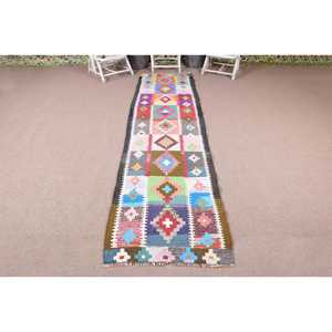 3x11.6 ft Turkish Rug, Vintage <b>Runner</b> Rug, <b>Red</b> Ikat Wool Rug - Product Image 1