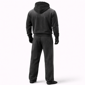Ensemble de survêtement pour homme en molleton épais noir délavé, style vintage, avec sweat à capuche zippé et pantalon de jogging ample, personnalisable OEM - Product Image 2