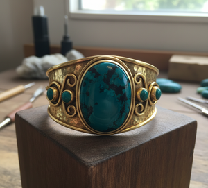 Rudra อัญมณีสีโรสโกลด์ชุบแบบทิเบตสร้อยข้อมือลูกปัดโบฮีเมียนของผู้ชายทำด้วยมือธรรมชาติขนาด Lapis Lazuli Cabochon - Product Image 1