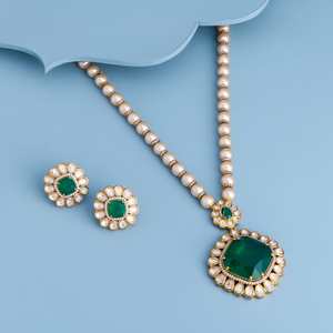 Kundan Flower Shape <b>Emerald</b> Cut Bezel Set Wedding Necklace with Zircon Beads-Elegant & Dazzling - Product Image 1