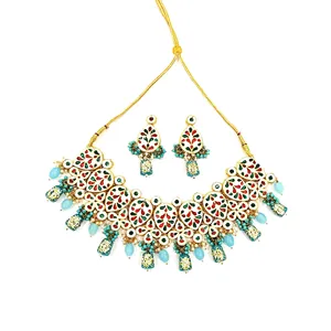 Meenakari Kundan <b>Studded</b> & Beaded Necklace Set Gold Plated Copper Fine Jewelry for Ladies Bohemia Style for Wedding & Gift - Product Image 4