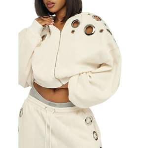 New Casual Vintage Zipped Women's Hoodies Customized Plus Size Fleece Washed Rhinestone Spring Winter Metal <b>Eyelet</b> Women Hoodie - Product Image 4