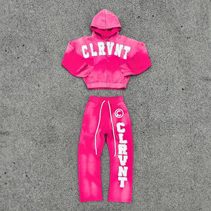 Conjunto de 2 piezas de sudadera con capucha y pantalones acampanados vintage, de invierno, cortavientos, estilo urbano, con apliques bordados personalizados y efecto desgastado, al por mayor - Product Image 3