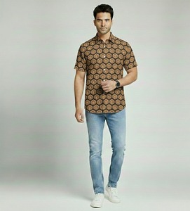 100% Cotton Hand Block Print Men's Formal <b>Shirt</b> Striped <b>Half</b> Sleeves Breathable Eco-Friendly Summer Casual Wear Wholesale Price - Product Image 2