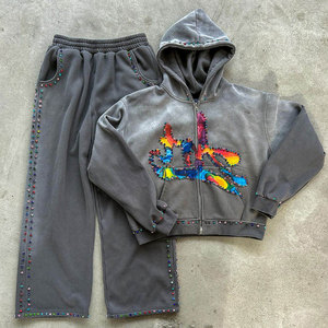 Conjunto de chándal casual con capucha y cremallera completa, pantalón jogger y pedrería, de manga larga - Product Image 4