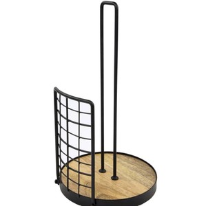 Porte-serviettes en papier de base en bois avec distributeur de comptoir de conception de fil de fer enduit de poudre noire pour l'utilisation d'organisateur de cuisine - Product Image 2