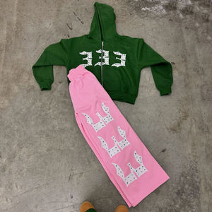 แจ็กเก็ตมีฮู้ดโอเวอร์ไซส์แบบรูดซิปรูดไหล่มีลายสกรีนและหินอัญมณีเสื้อสเวตเตอร์ออกแบบได้ตามต้องการ - Product Image 4