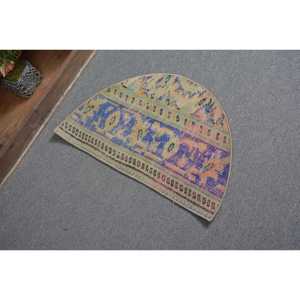 Alfombra Turca Redonda Vintage de 2,5x1,5 pies (75x45 cm), Alfombra Azul a Rayas - Product Image 2