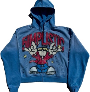 Streetwear coton éponge français soleil délavé Vintage fermeture éclair lavé personnalisé en détresse broderie Patch sweats à capuche - Product Image 2