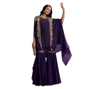 Traje Sharara de seda púrpura con capa Zari bordada para mujeres elegantes Ropa de fiesta tradicional y traje de invitado de boda - Product Image 2