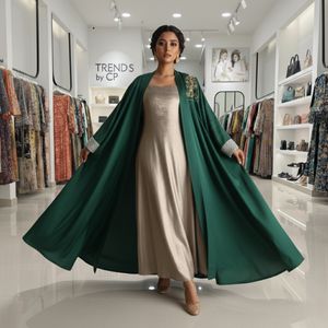 Ensemble de robe formelle pakistanaise en deux pièces |   Abaya verte avec robe intérieure beige |   Tendances par CP - Product Image 3