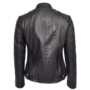 Chaqueta Bomber de Piel de Oveja Negra para Mujer, Cuero Genuino, Algodón Ecológico, Corte Ajustado, Cierre de Cremallera, Ropa Exterior - Product Image 4