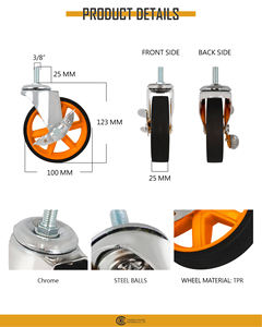 Roue pivotante silencieuse en acier TPR orange moderne de 4 pouces avec tige filetée 3/8 et frein pour chariots de rayonnage - Product Image 2