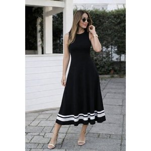 Women's Strappy Round Neck Long <b>Viscose</b> <b>Dress</b> with Ribbon Hem Detail, 34717 - Black - Product Image 3