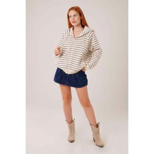 Lustrin Women's Wholesale Hooded Zippered Striped <b>Cardigan</b> <b>Sweater</b> - Stone Gray Cotton Polyester Blend Casual Outerwear - Product Image 3