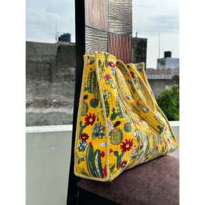 <b>Yellow</b> Corduroy Tote <b>Bag</b> with Cactus Embroidery Bohemian Style Summer Zipper Closure Cotton Lining Open Top Design - Product Image 2
