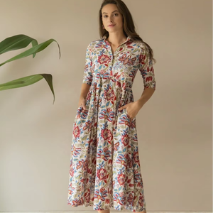 Robe à plusieurs niveaux imprimé fleuri solide pour femmes col tournant tissu tricoté impression numérique taille naturelle teint uni saison d'automne - Product Image 1