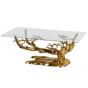 Table basse moderne en aluminium et verre transparent, finition laiton antique, design arbre, mobilier de salon à prix abordable - Product Image 3