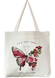 Sac fourre-tout en toile de coton inspiré des papillons et des roses avec imprimé de bouquet floral en blanc avec des accents roses et verts - Product Image 2