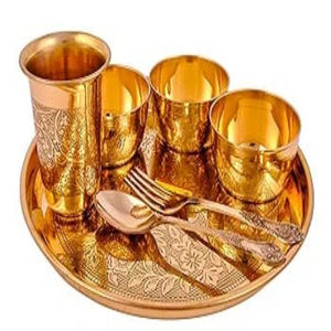 Engraved Flowers Design Pure Brass Thali Set 7-Piece Pital <b>Dinnerware</b> for Gifting Diwali Special Metal Collection - Product Image 3
