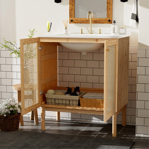 Tocador de baño de bambú natural moderno, MDF y material de madera, diseño exquisito con amplio almacenamiento para sala de estar o uso doméstico - Product Image 3