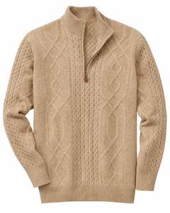 Pull en maille torsadée à col montant pour homme, personnalisé par le fabricant, beige, motif texturé, chaud, décontracté, pour l'hiver, OEM personnalisé - Product Image 1